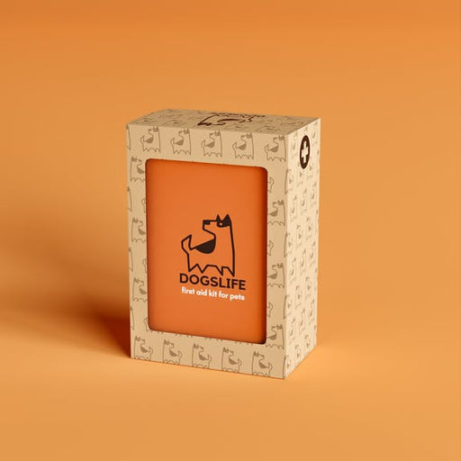 A Dogslife First Aid Kit Box is displayed on an orange backdrop.