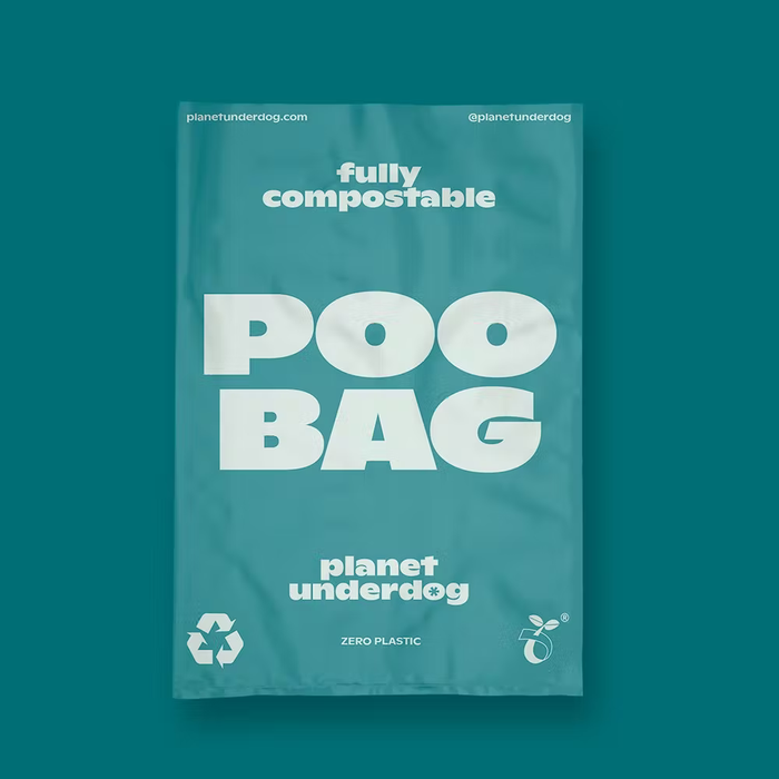 The image features a single green Planet Underdog poo bag, reading "Poo bag"