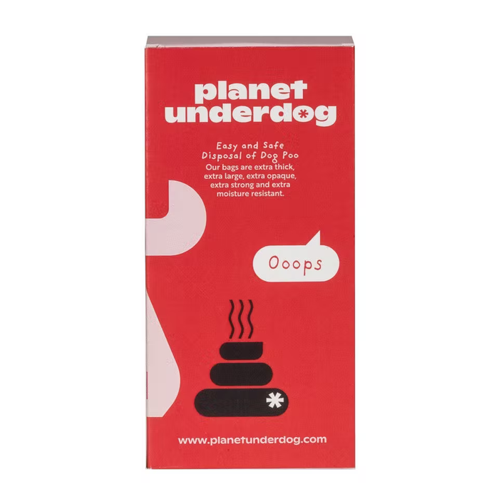 The image features the side of a red planet underdog box with 120 unscented poo bags on a white backdrop