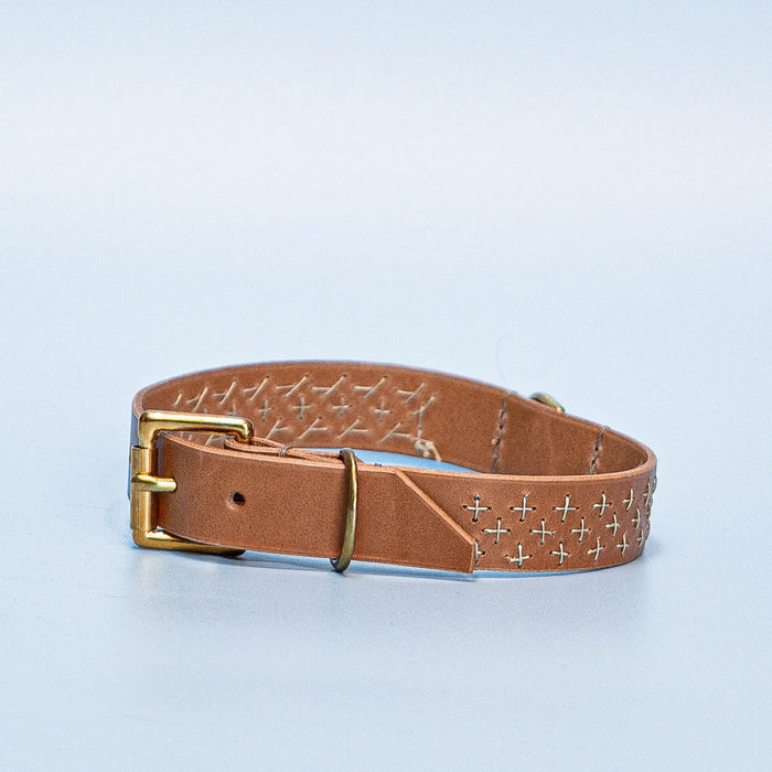 Sashiko Dog Collar: Biscuit Italian Leather