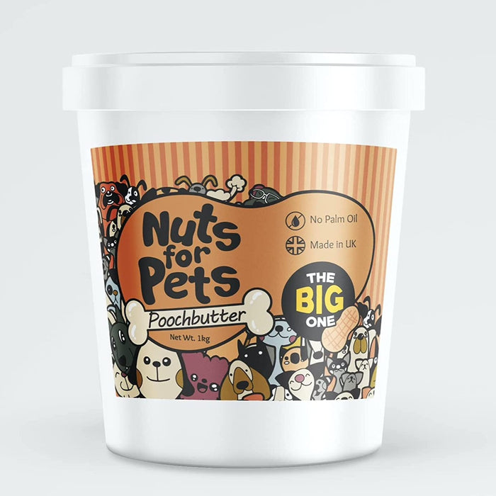 The front of the white poochbutter tub, which features an orange label.