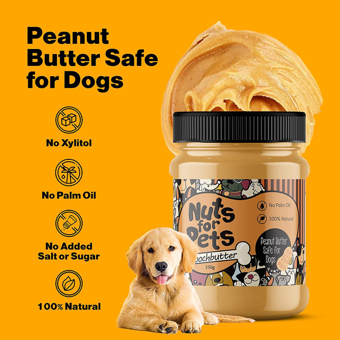 Peanut butter that is safe for dogs. A relaxed golden retriever is pictured on an orange background, featuring the poochbutter.
