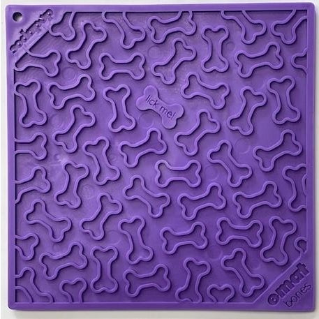 Purple bone patterned licking mat by Sodapup with the words "Lick Me!"