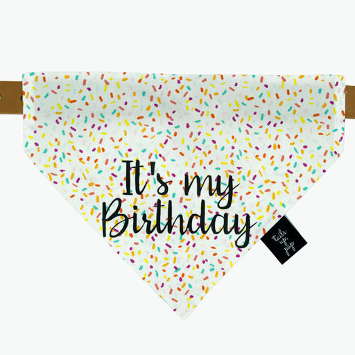 White dog bandana with coloured sprinkles with the words "It's my birthday" on it. The bandana is placed on a white background and a tan lead is used to hold the bandana up.