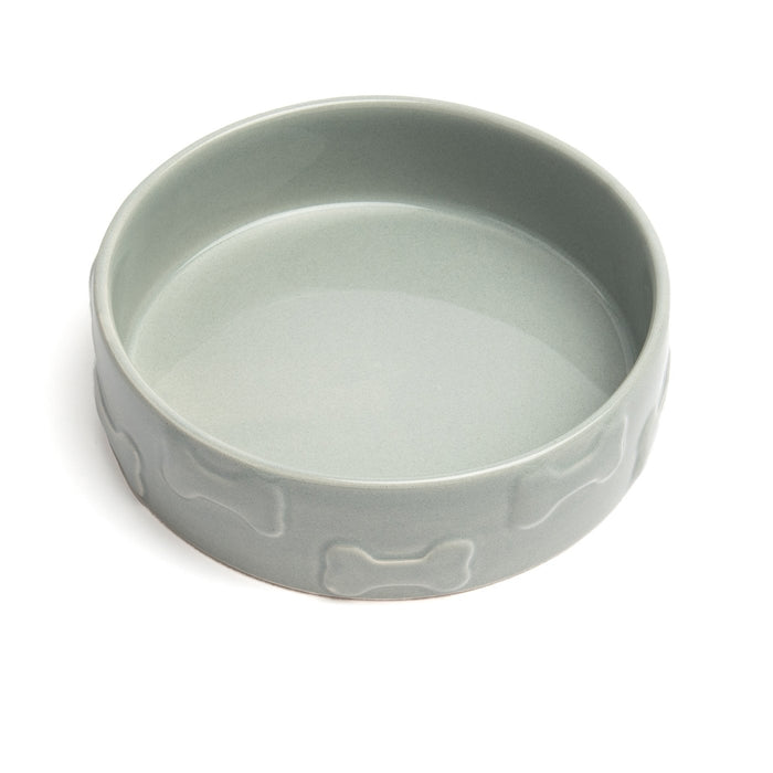 The Manor Grey Dog Bowl on a white backdrop. The bowl features a pattern of bones