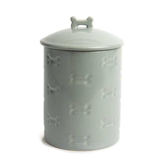 A grey, bone-patterned jar is displayed on a white background.