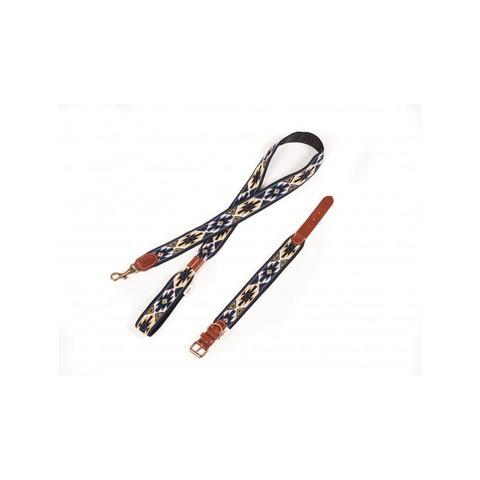 Image shows the Buddy's Dog Wear Peyote Blue  leash and collar set, including a bronze toned clasp and tan leather details.