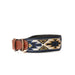 Image shows details of the Buddy's Dog Wear Peyote Blue dog collar, including a bronze toned clasp and tan leather details.