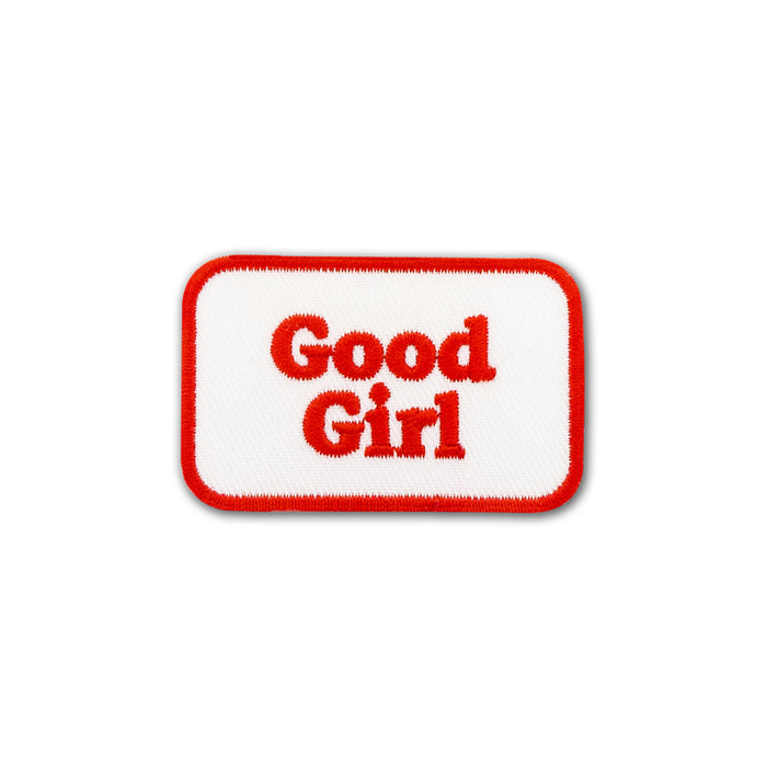 Scouts Honour "Good Girl" iron-on badge with red text and a white background.