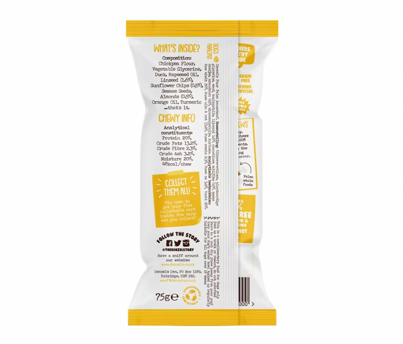 The back of a packet of Denzel's pure paleo dog chews, showing the products ingredients.