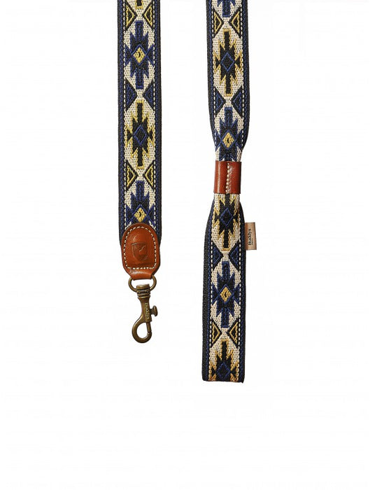 Image shows the Buddy's Dog Wear Peyote Blue Adjustable 2 metre leash, including a bronze toned clasp and tan leather details.