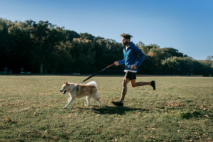 man running with dog