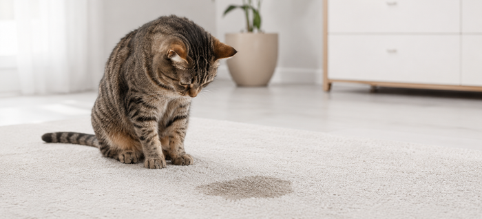 cat looking at pee stain on carpet