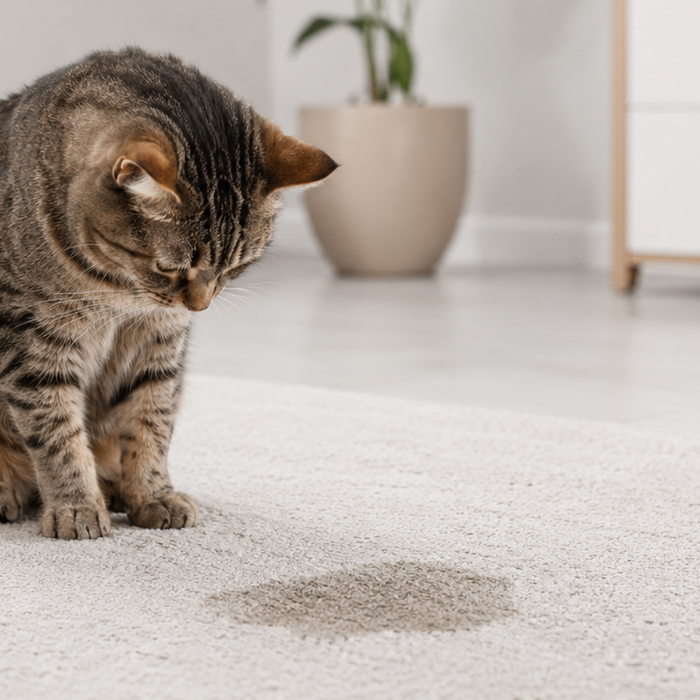 cat looking at pee stain on carpet