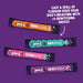 Four wrapped dog treat sticks on a purple background with white promotional text. The wraps are orange, teal, pink, and purple, each labeled with a Denzels brand name and a flavor name: HowlxClixtr, Napshade, ZoomShine, and Beast Brew.