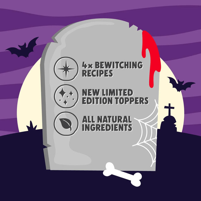 Halloween-themed tombstone graphic with text reading '4x Bewitching Recipes', 'New Limited Edition Toppers', and 'All Natural Ingredients', set against a purple spooky background with bats, a full moon, cobwebs, and a bone.