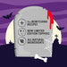 Halloween-themed tombstone graphic with text reading '4x Bewitching Recipes', 'New Limited Edition Toppers', and 'All Natural Ingredients', set against a purple spooky background with bats, a full moon, cobwebs, and a bone.