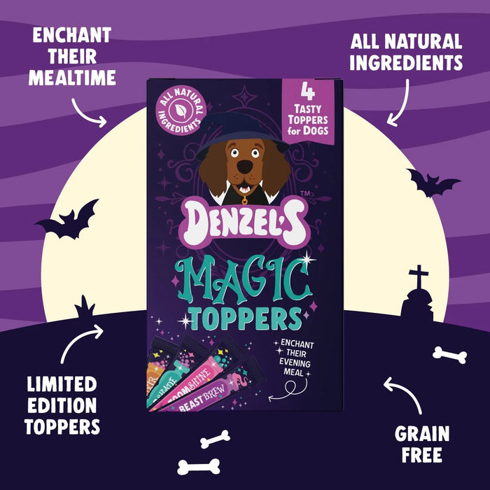 A product listing graphic for Denzel's Magic Toppers dog treats. The central subject is the product box, which features a cartoon dachshund wearing a wizard hat, purple and teal text, and Halloween-themed illustrations.