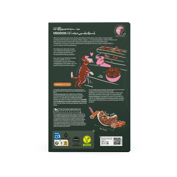 The back of a dog food package shown on a plain white background, featuring German text, illustrations of dogs and treats, and certification logos at the bottom.