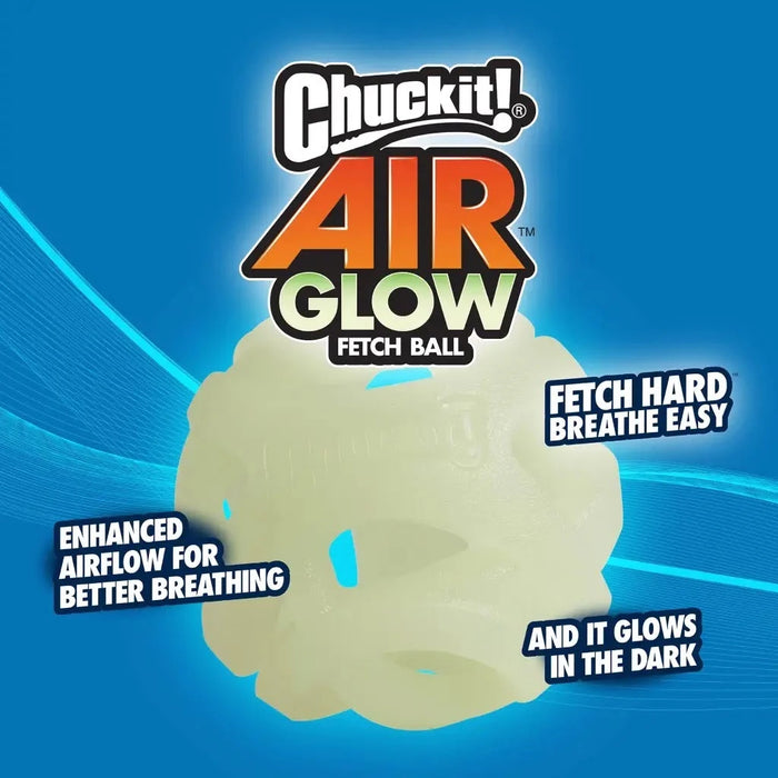 Chuckit! Max Air Glow in the Dark Dog Ball infographic with selling points