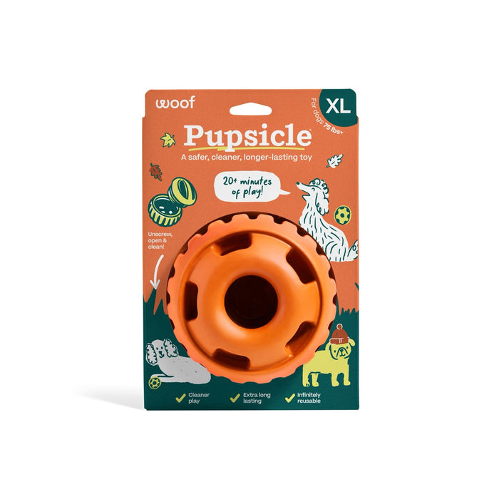 Orange dog toy with packaging labeled 'Pupsicle' on a white background