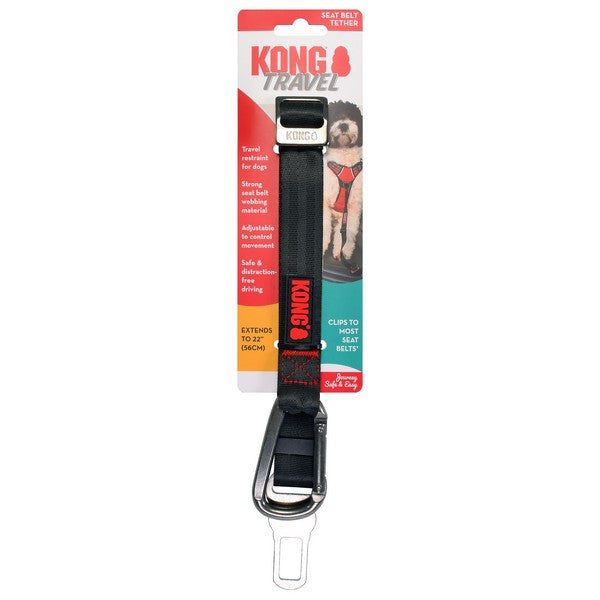 Kong Travel dog car seat belt clip adapter on its original retail packaging, featuring a black strap with red branding and a silver metal clip.