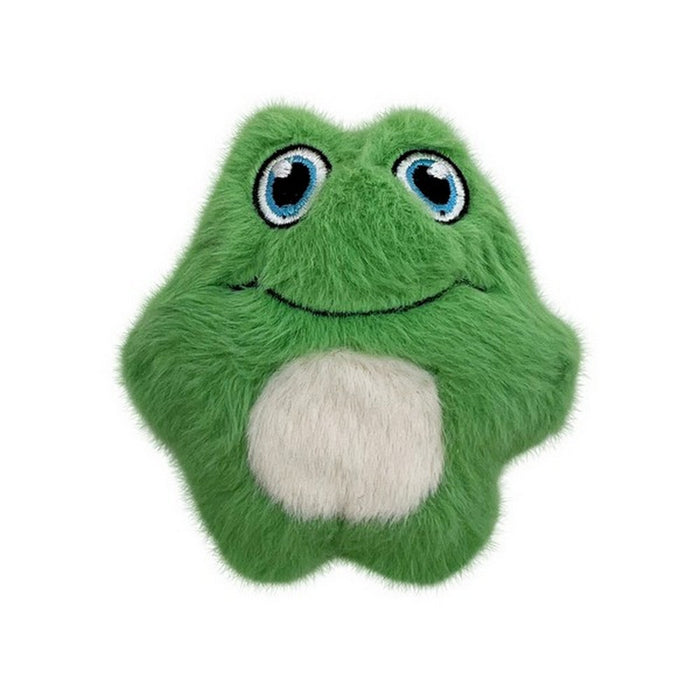 Green plush frog toy with blue eyes on a white background