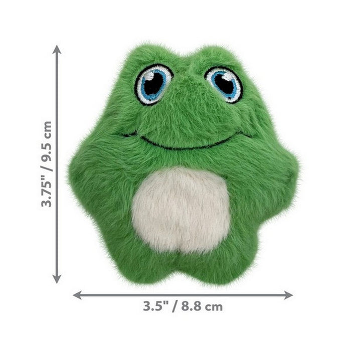 Green plush frog toy with measurements on a white background