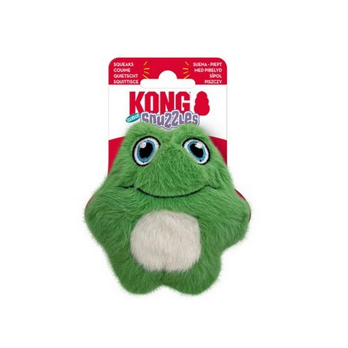 Kong Snuggles frog-shaped dog toy in green plush with a white belly patch, attached to a red and white cardboard retail hanger, on a plain white background.