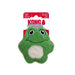 Kong Snuggles frog-shaped dog toy in green plush with a white belly patch, attached to a red and white cardboard retail hanger, on a plain white background.