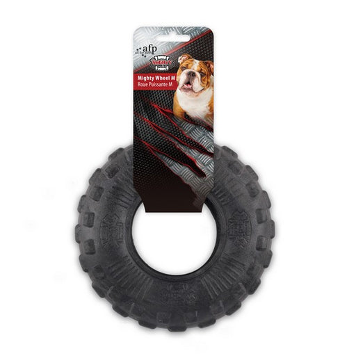 Dog toy with a tread pattern on a black background