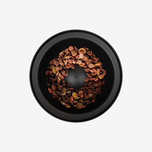 Black bowl with pet food on a white background