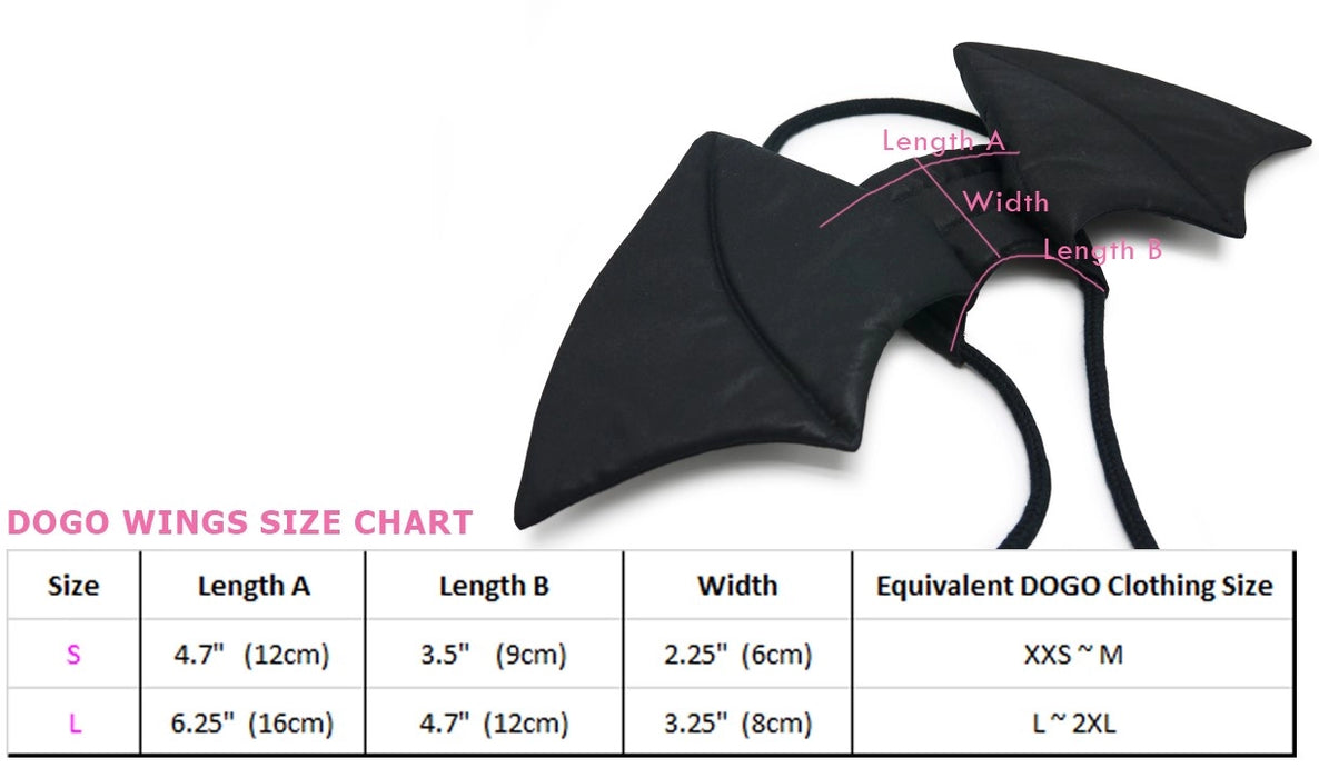 Black dog wings with measurement chart on a white background
