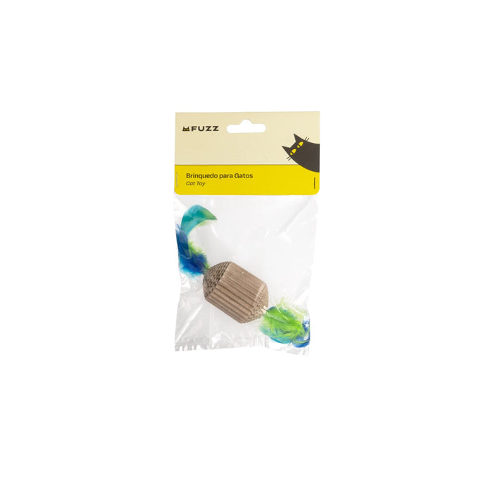 Cat toy with packaging labeled 'Fuzz' on a white background