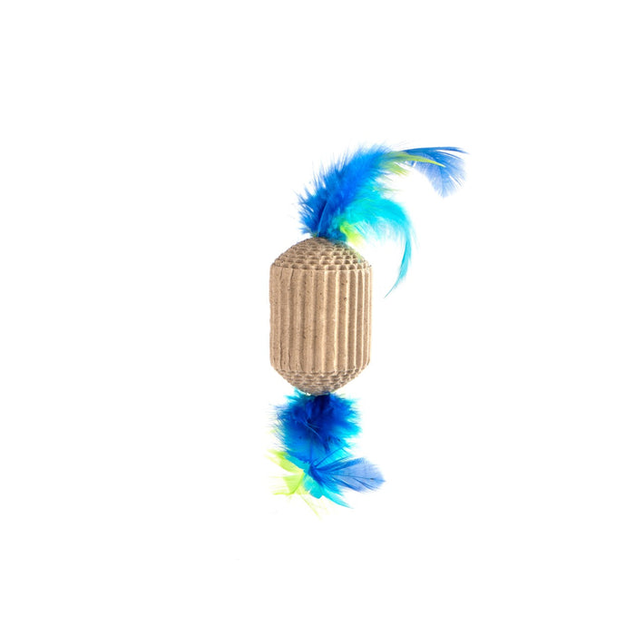 Woven cat toy with blue feathers on a white background