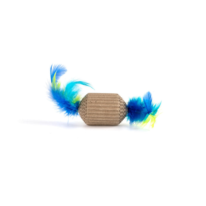 Cat toy with blue and green feathers on a white background