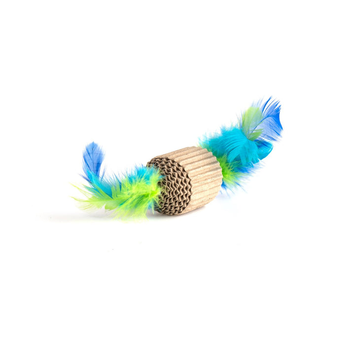 Cat toy with blue and green feathers on a white background