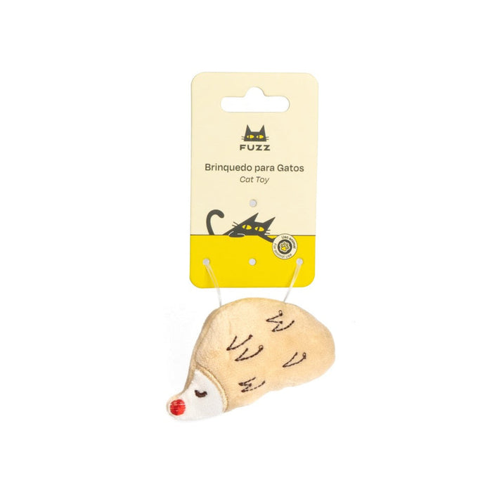 Cat toy shaped like a hedgehog with a red nose on a yellow card, branded 'Fuzz'.