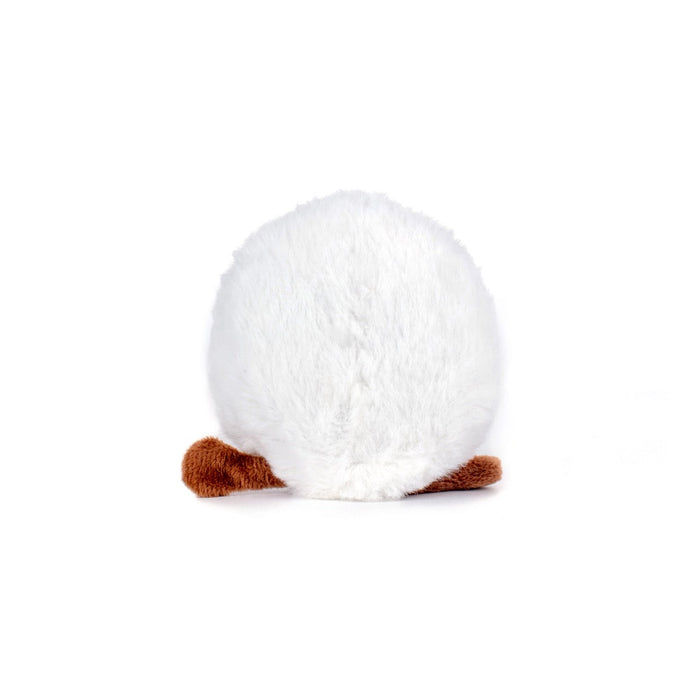 White plush toy with brown feet on a white background