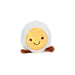 Plush toy resembling a character with a white face, yellow body, and brown feet on a white background