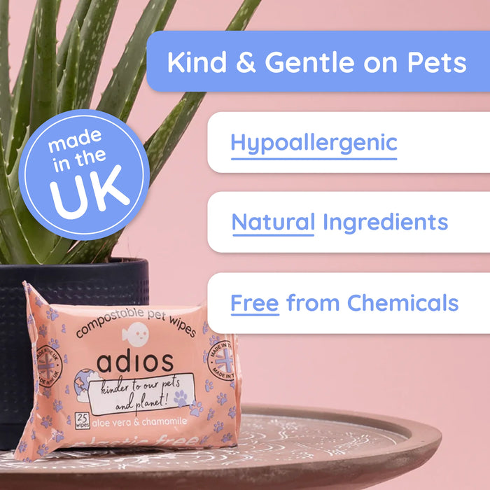Adios Plastic Compostable Pet Wipes - 25 Per Pack