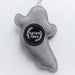 A gray felt ghost-shaped pet toy or accessory with a black circular patch reading 'Aurora Paws' in white text, shown on a plain light background.