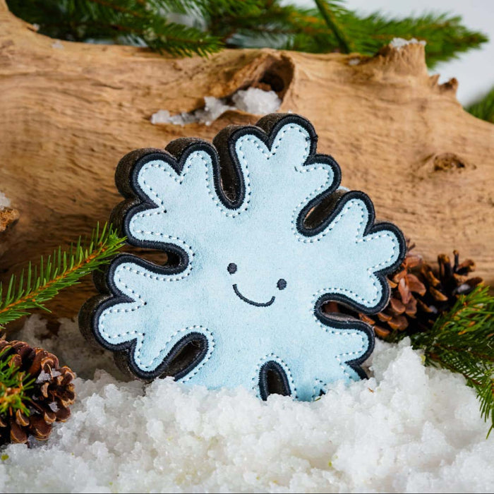 A white felt snowflake cookie with a black stitched border and a smiling face, styled in white faux snow with pine branches and a piece of driftwood.