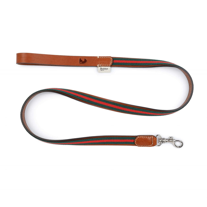 Dog leash with brown leather ends and a black and red striped middle section on a white background.