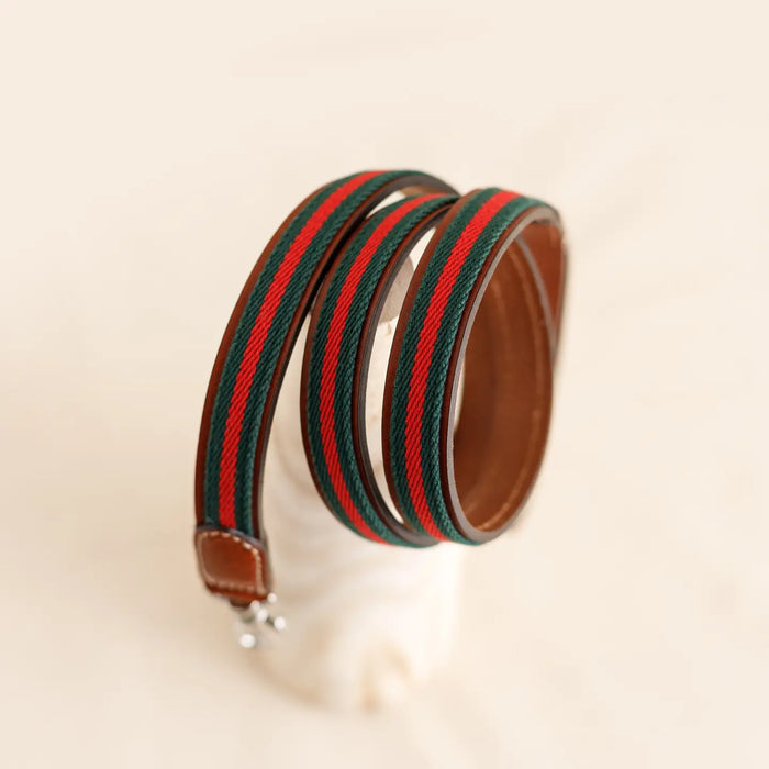 Striped dog lead rolled onto a display with a blurred cream background