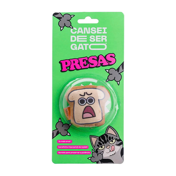 Catnip toy packaging with cartoon cat and bread design on a green background