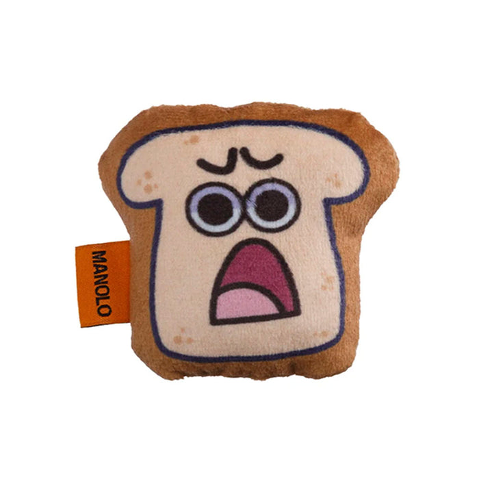 Toy resembling a slice of bread with a face on a white background
