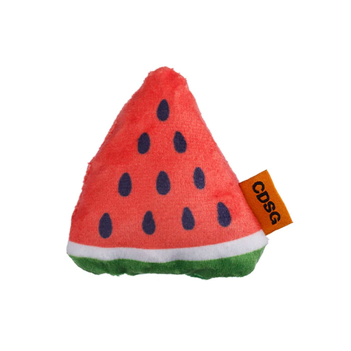 Plush watermelon toy with a visible brand label on a white background