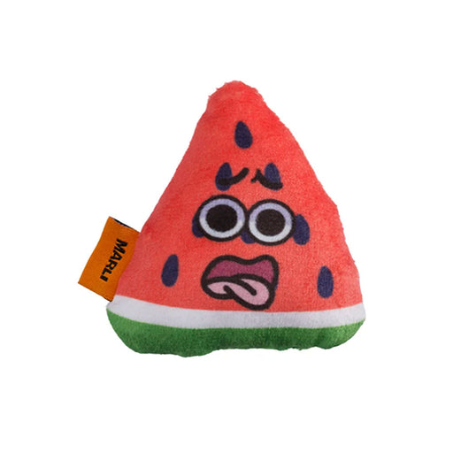 Plush watermelon toy with a face on a white background