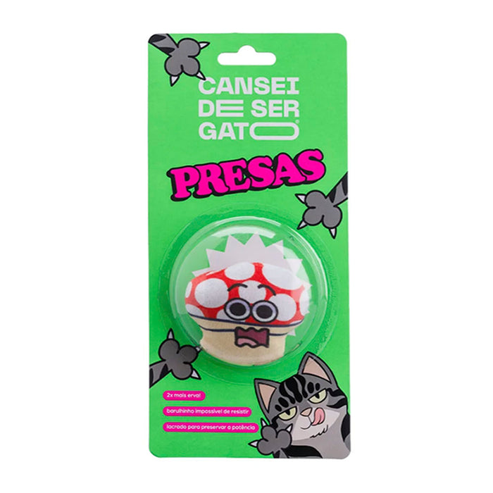 Packaged product with a cartoon cat and mushroom design on a green background